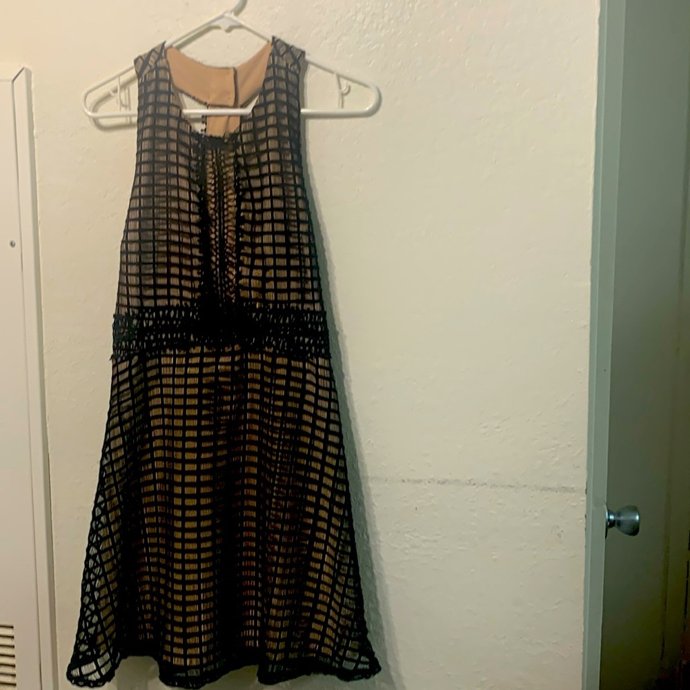 Black and camel party dress.  Sleeveless